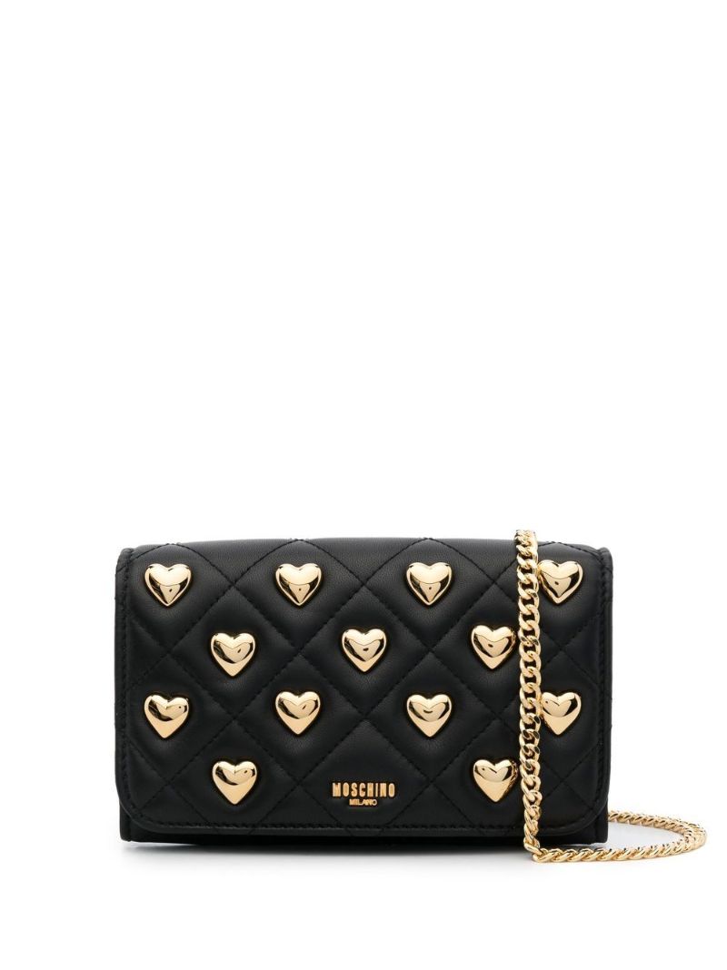 Black Quilted Studded Heart Cross Body Bag