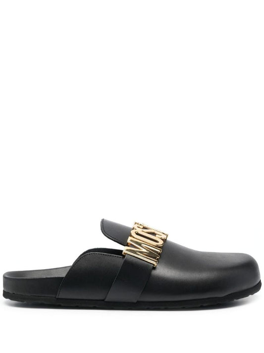 Black Logo Plaque Leather Slides