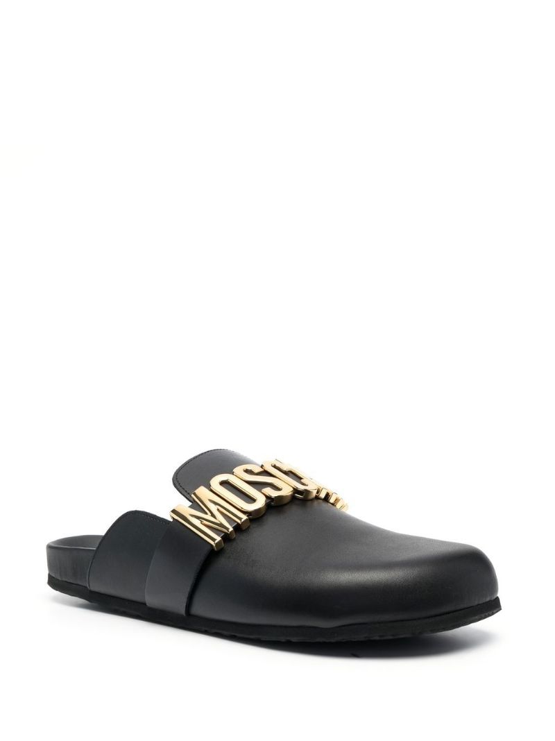 Black Logo Plaque Leather Slides