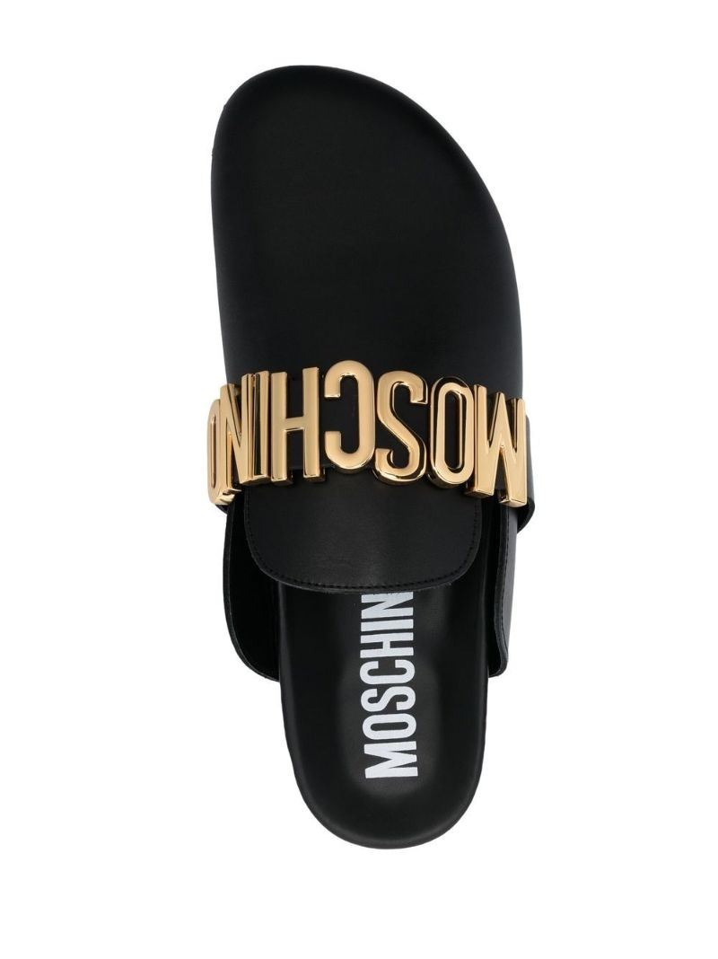 Black Logo Plaque Leather Slides