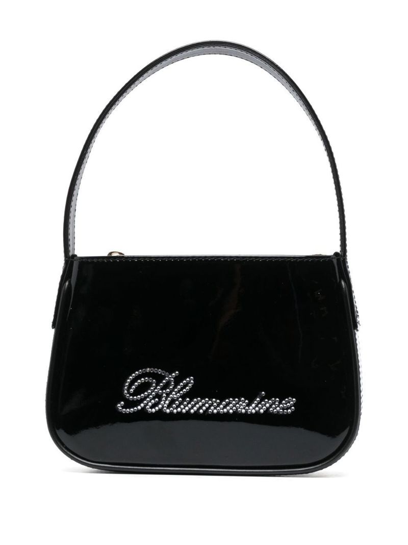 Black Crystal Logo Patent Leather Shoulder Bag