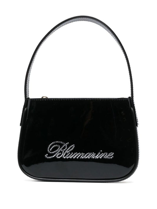 Black Crystal Logo Patent Leather Shoulder Bag