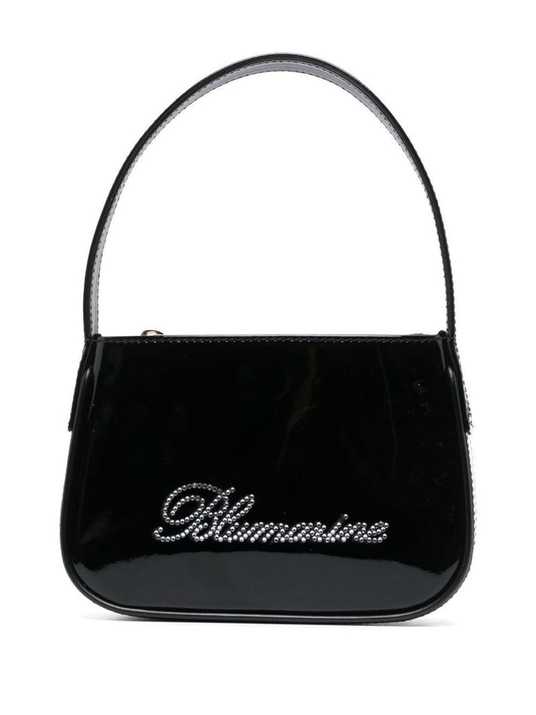 Black Crystal Logo Patent Leather Shoulder Bag