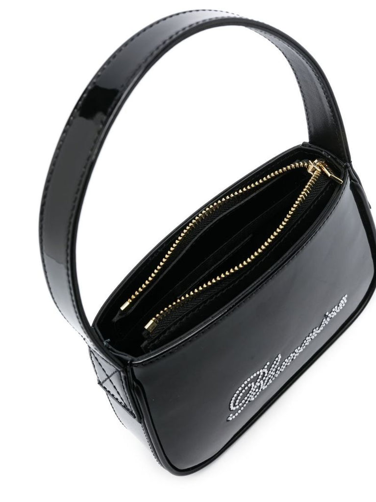 Black Crystal Logo Patent Leather Shoulder Bag
