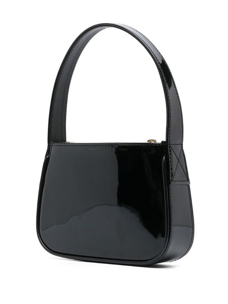 Black Crystal Logo Patent Leather Shoulder Bag