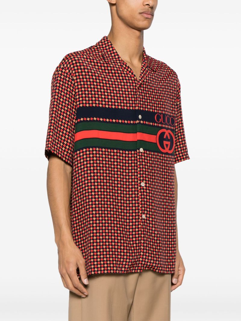 Red Houndstooth Print Bowling Shirt