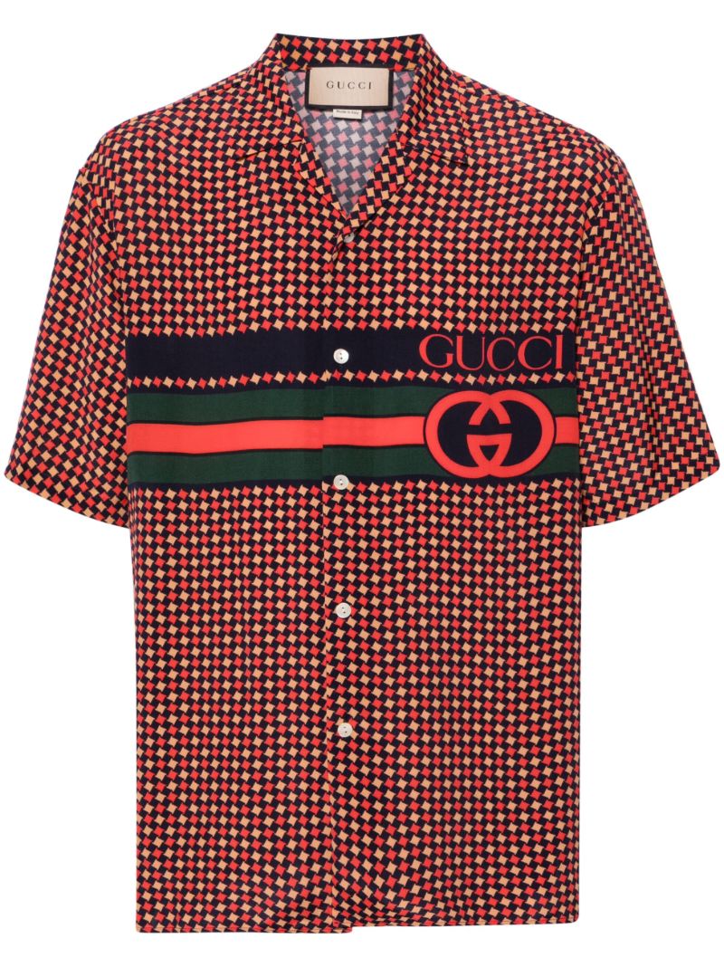 Red Houndstooth Print Bowling Shirt
