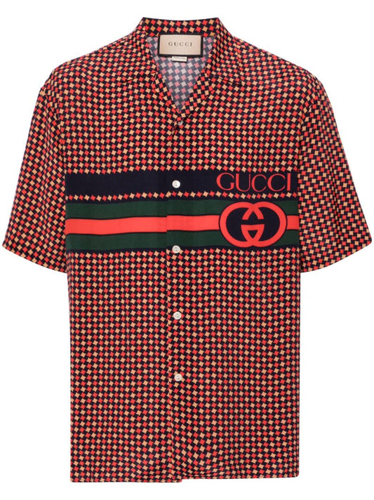 Red Houndstooth Print Bowling Shirt