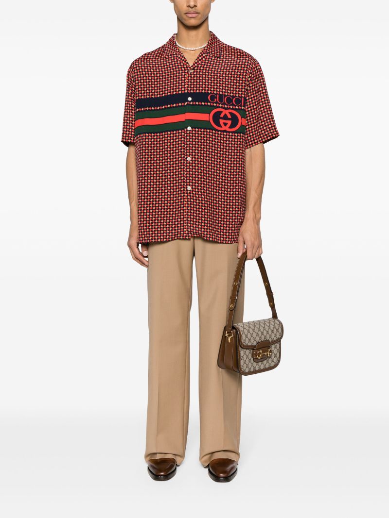 Red Houndstooth Print Bowling Shirt