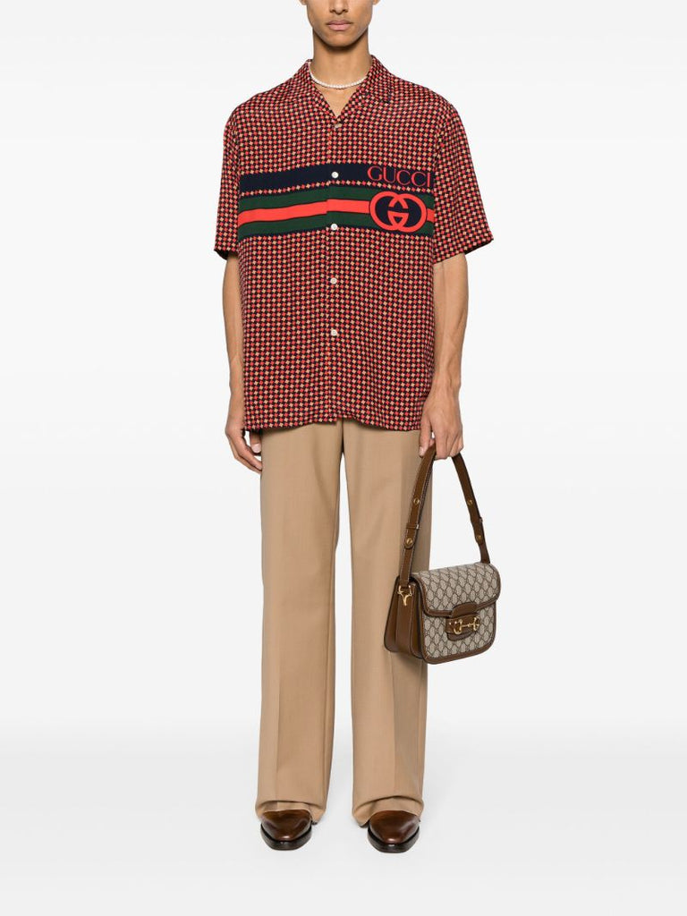 Red Houndstooth Print Bowling Shirt