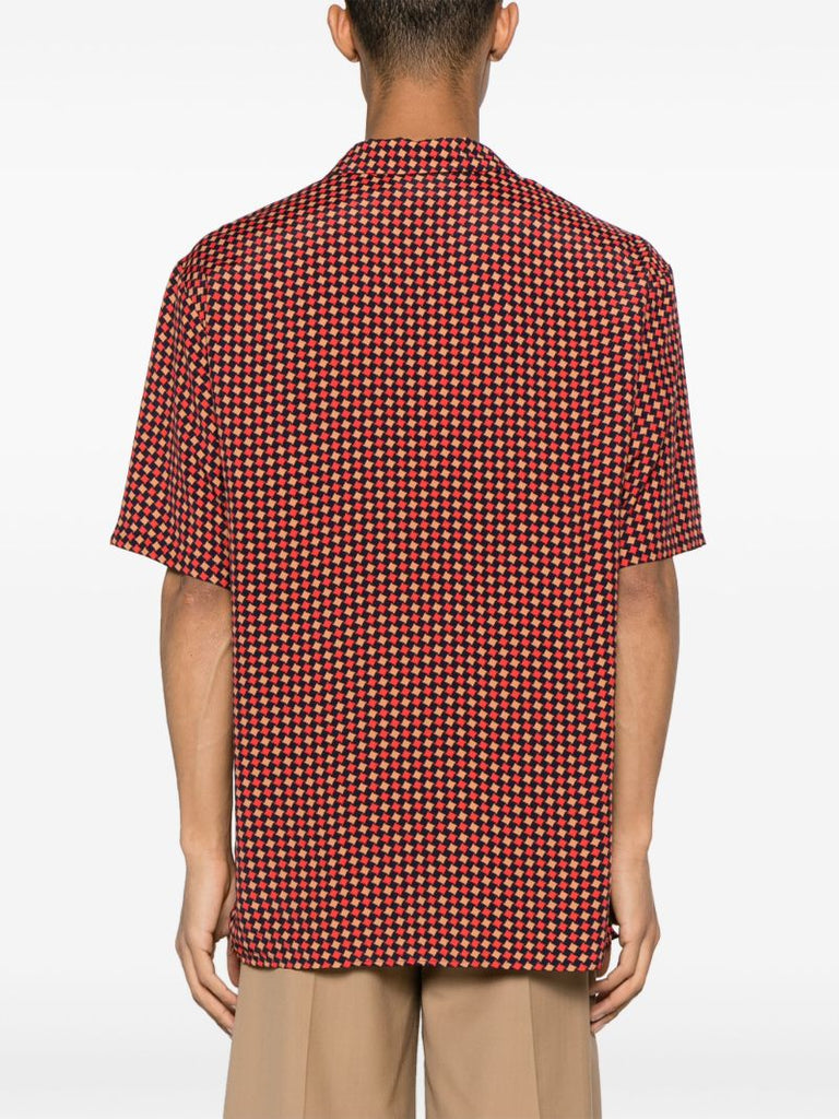 Red Houndstooth Print Bowling Shirt
