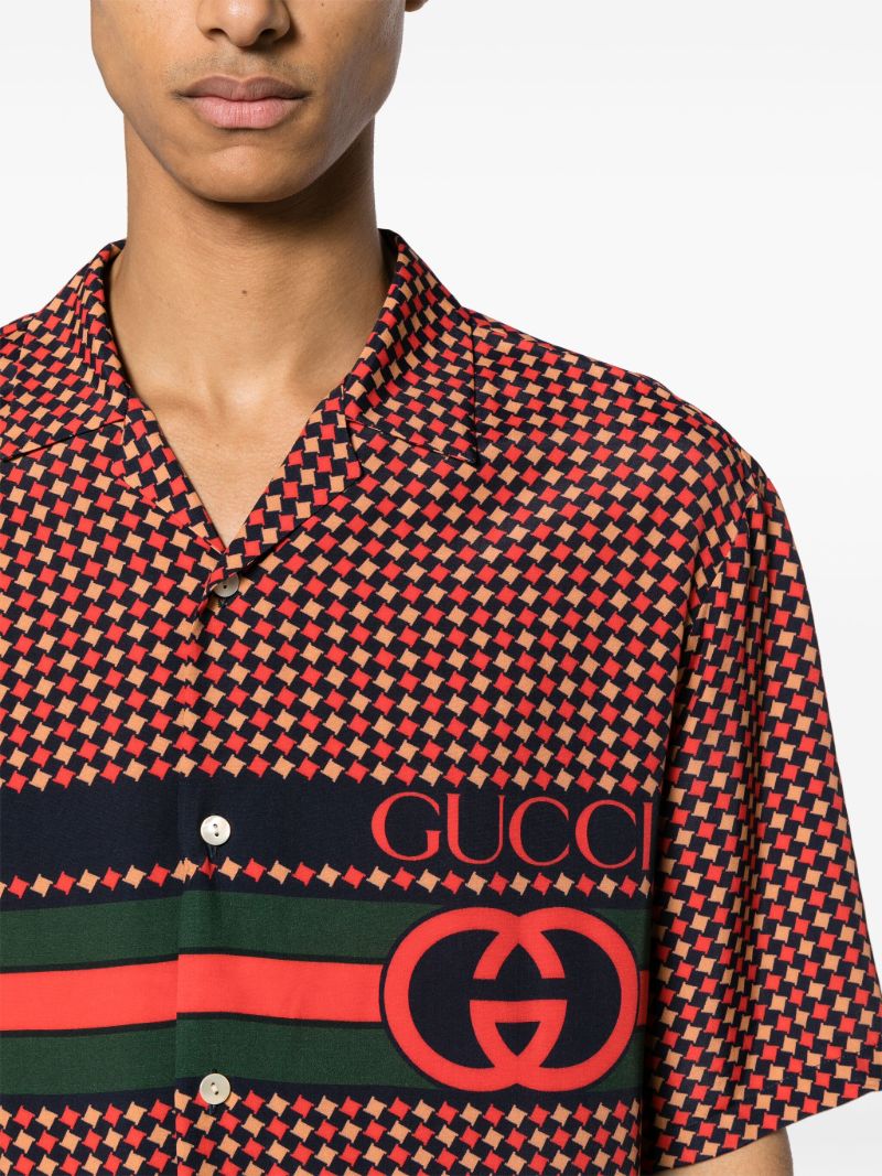 Red Houndstooth Print Bowling Shirt
