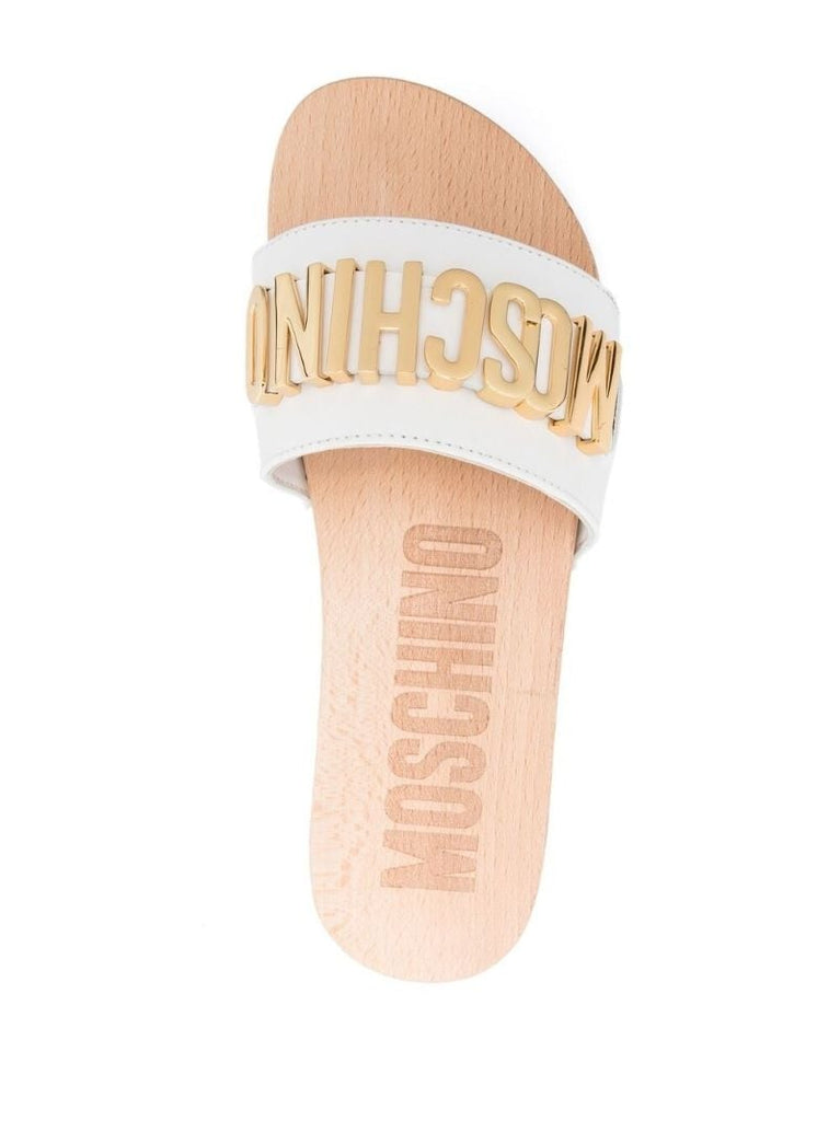 White Leather Logo Plaque Sandals