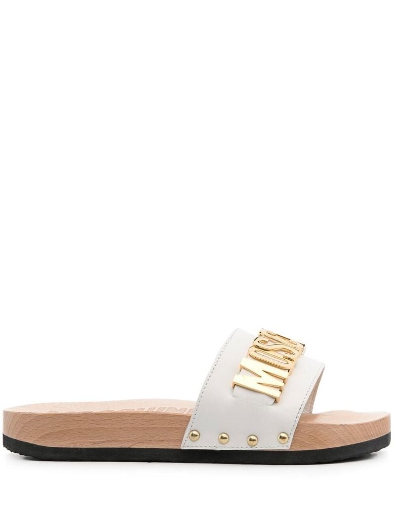 White Leather Logo Plaque Sandals