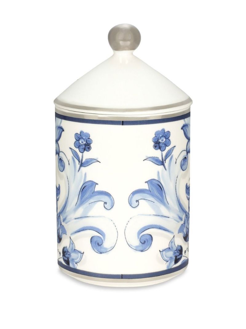 Blue Majolica Print Porcelain Candle