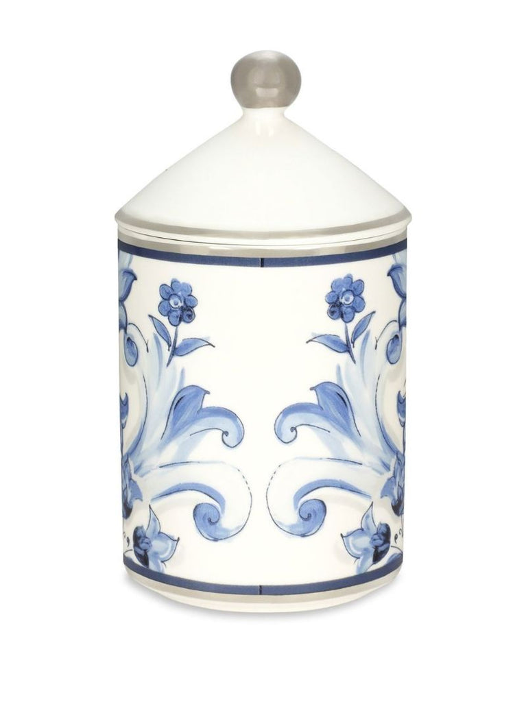 Blue Majolica Print Porcelain Candle