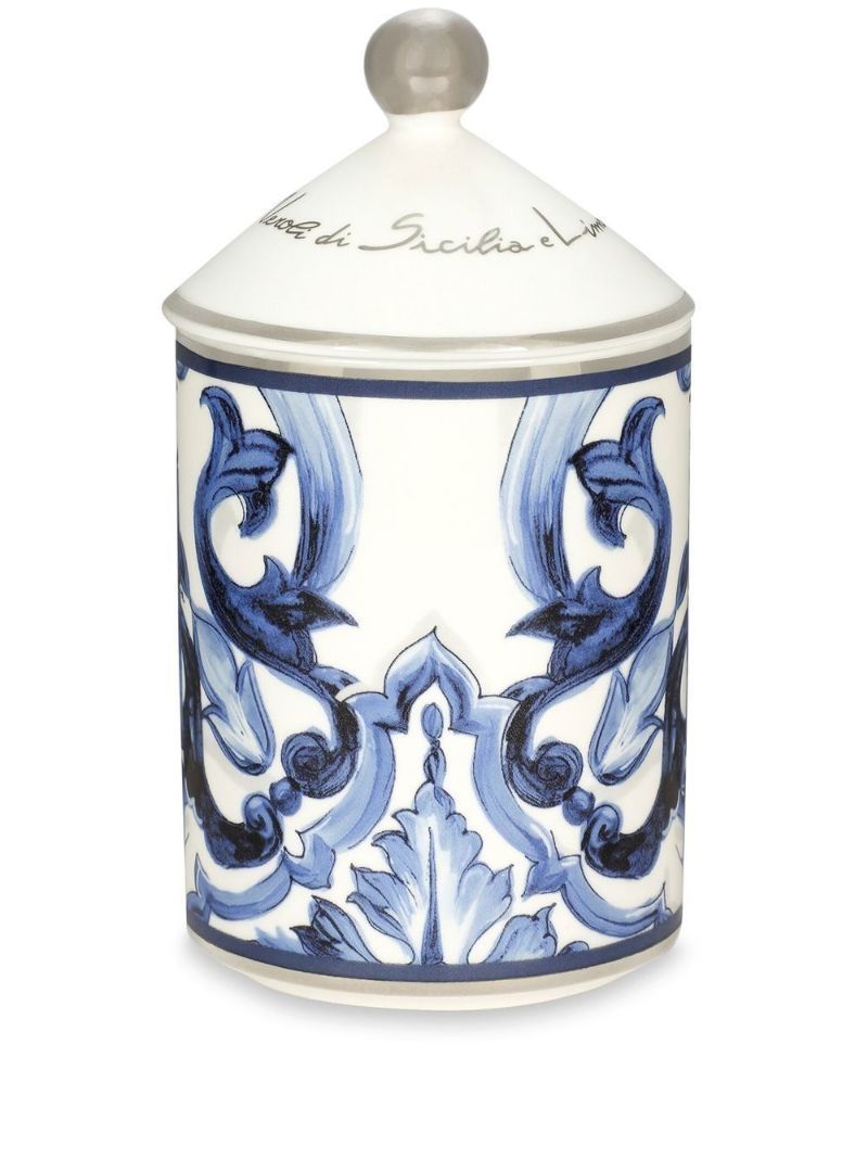 Blue Majolica Print Porcelain Candle