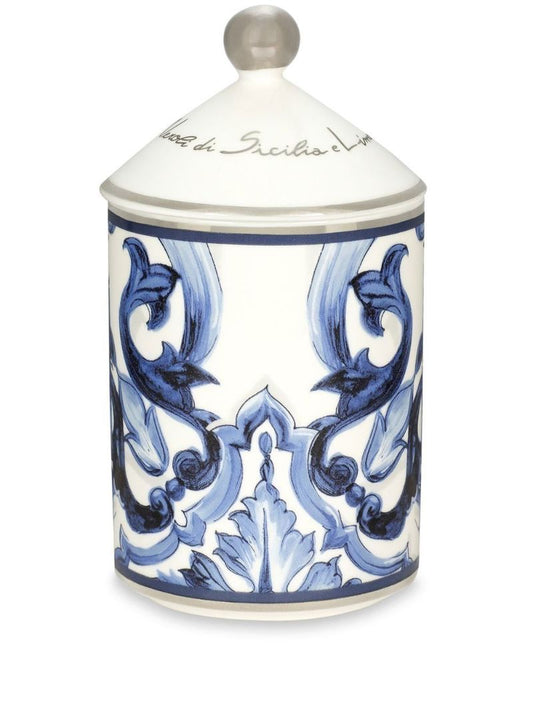 Blue Majolica Print Porcelain Candle