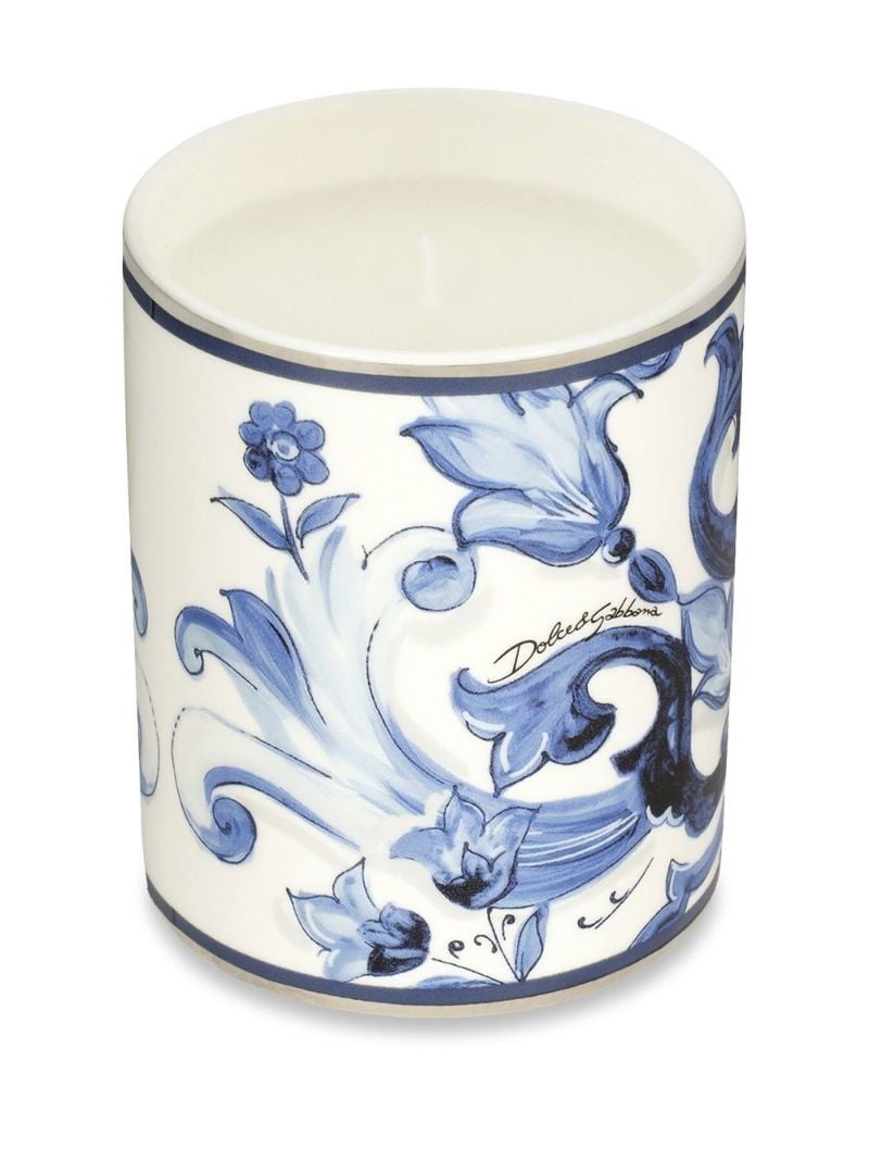 Blue Majolica Print Porcelain Candle