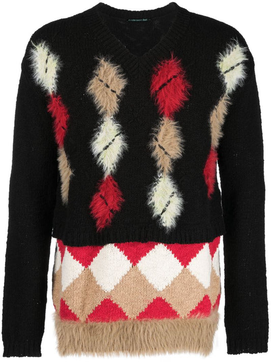 Black Argyle V-neck Sweater
