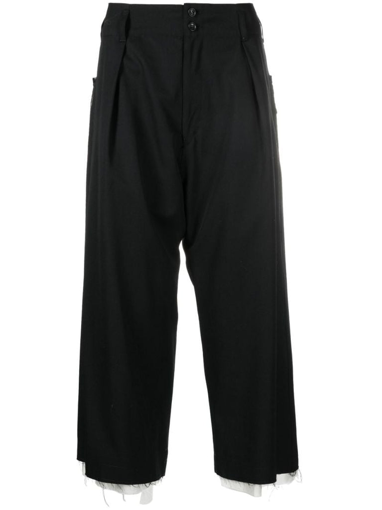 Black Cropped Wide Leg Wool Trousers