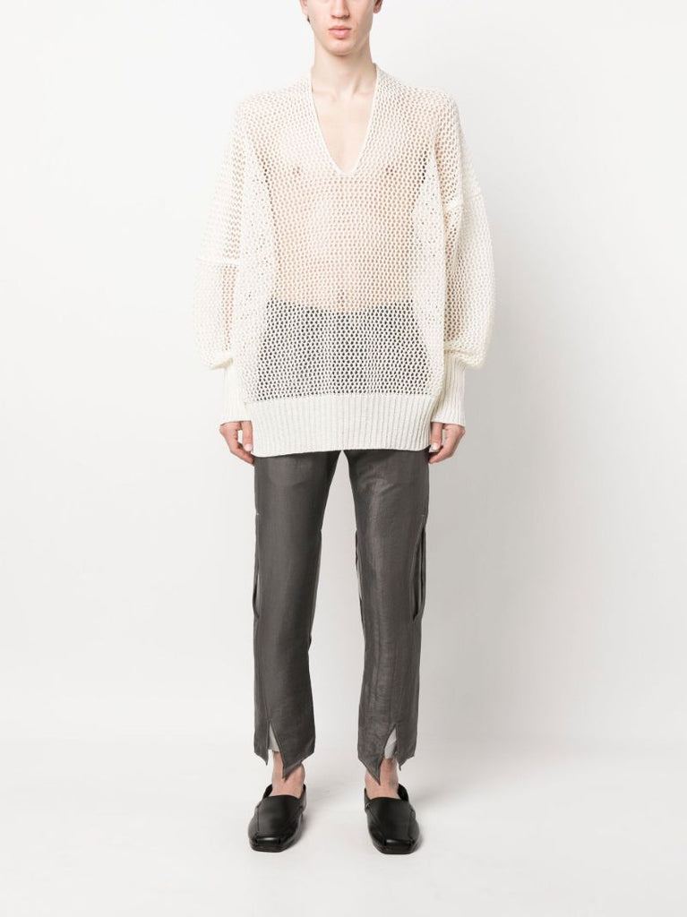 White Mesh Knit V-neck Jumper