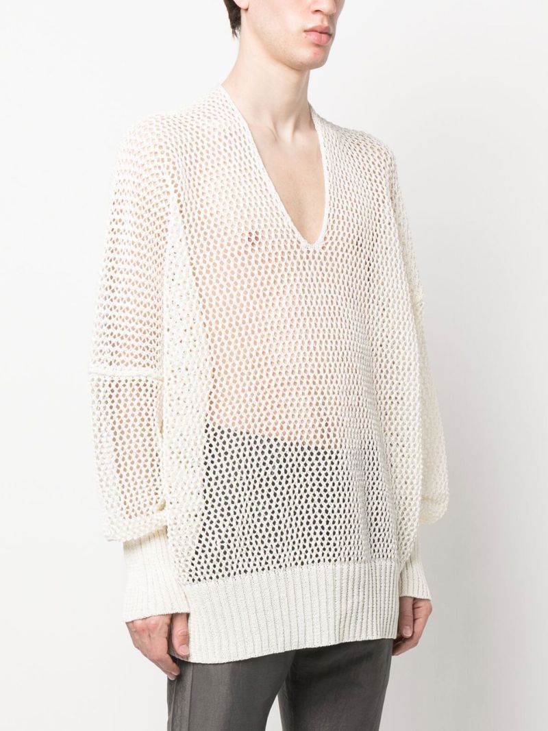 White Mesh Knit V-neck Jumper