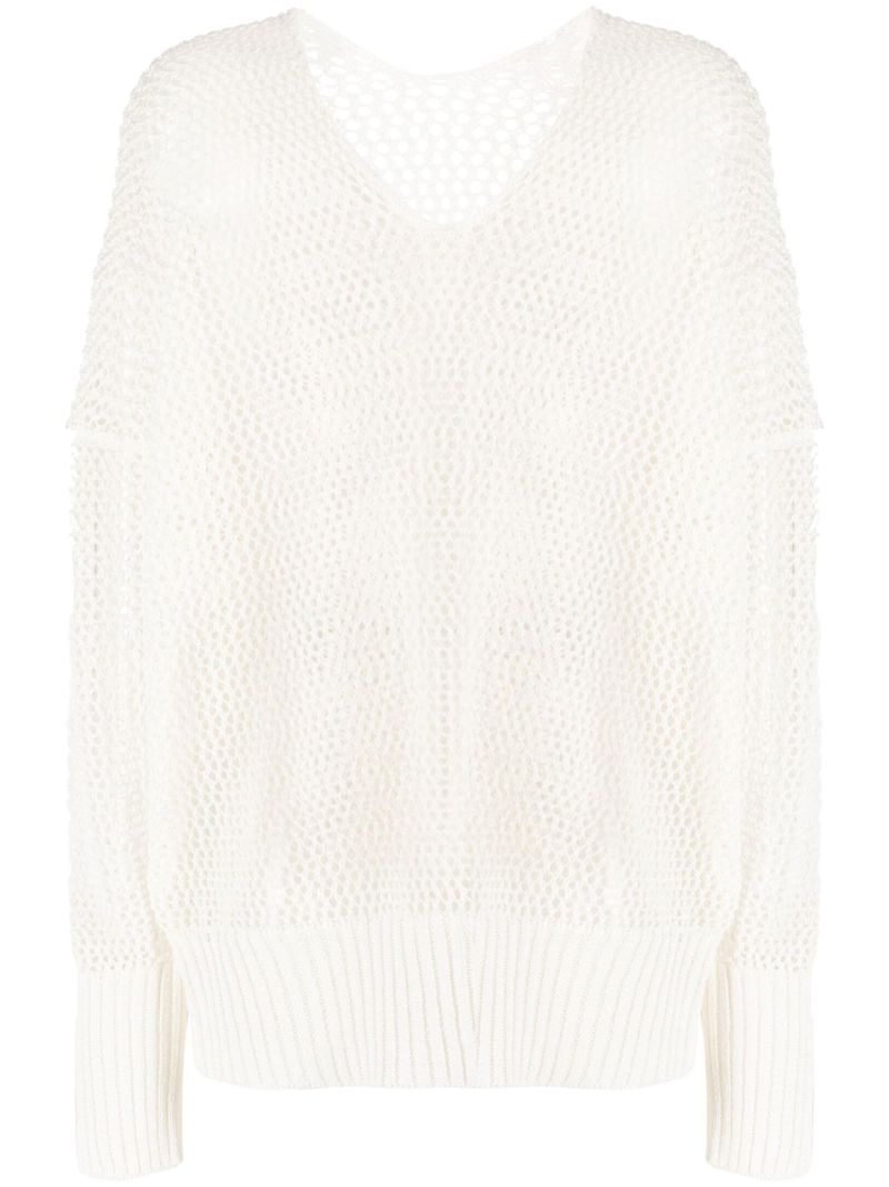 White Mesh Knit V-neck Jumper
