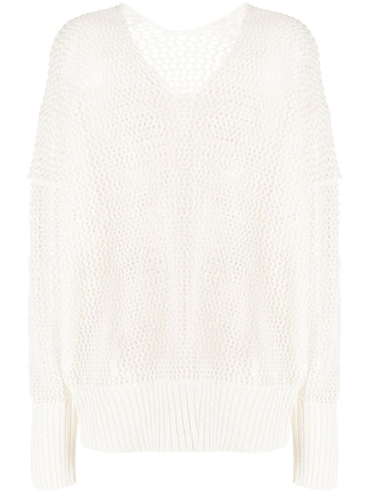 White Mesh Knit V-neck Jumper