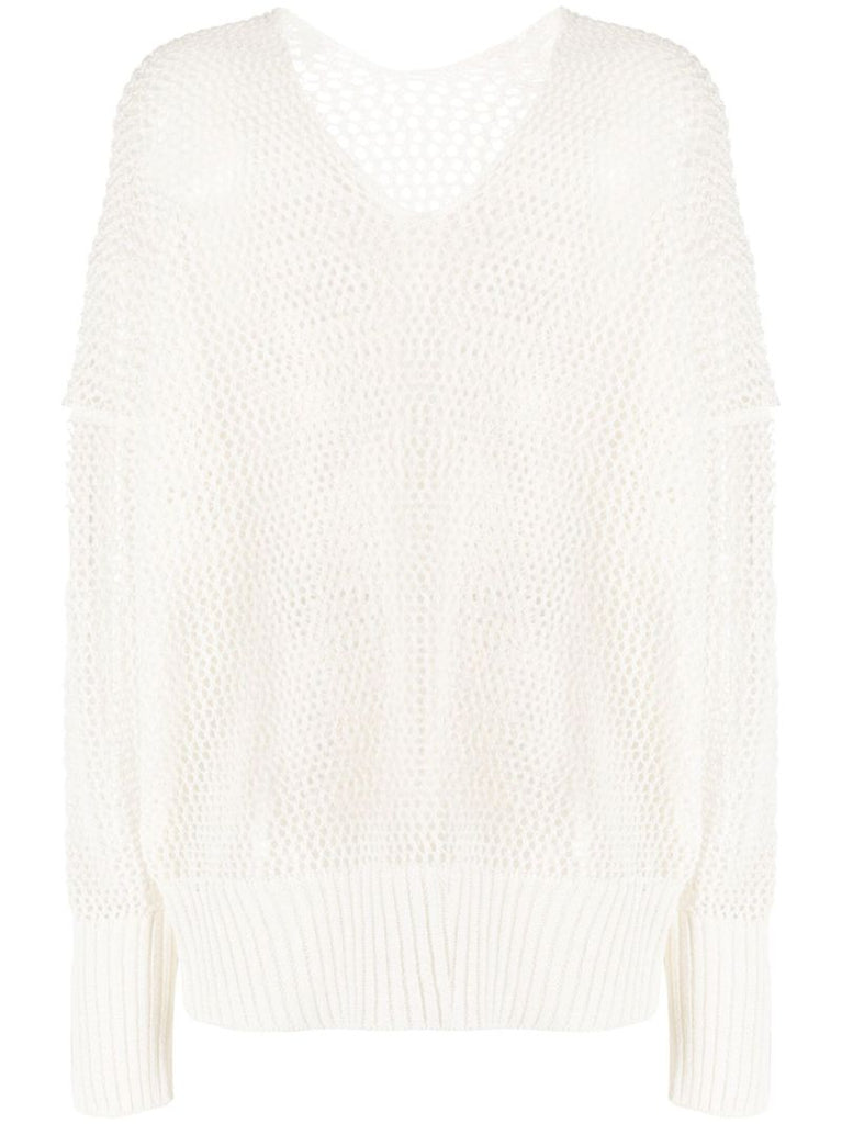 White Mesh Knit V-neck Jumper