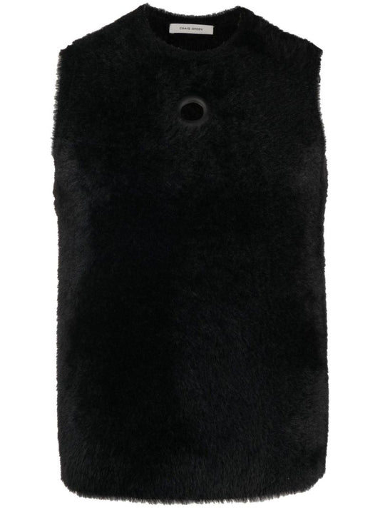 Black Eyelet-trim Fleece Vest Top