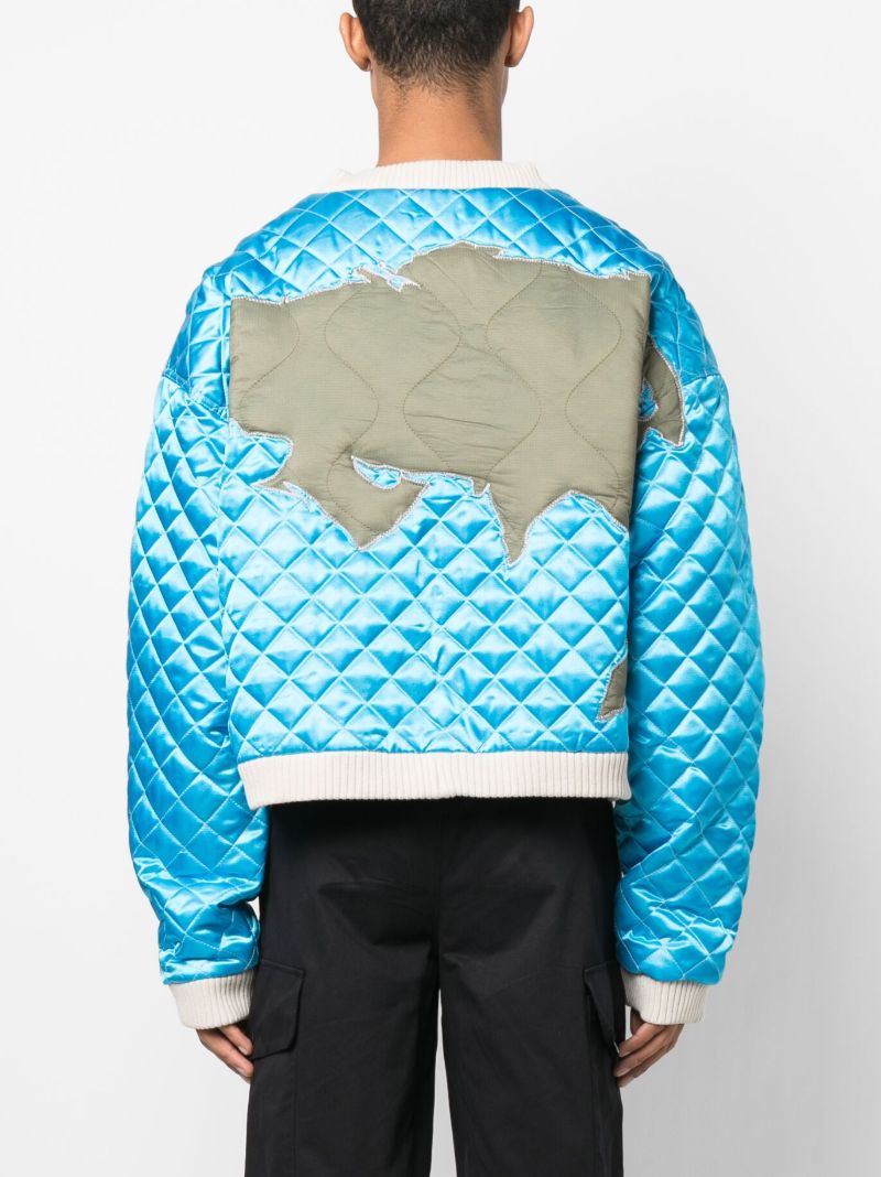 Blue Global Grid Quilted Bomber Jacket