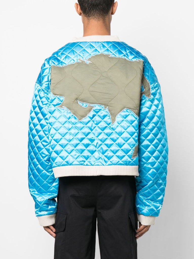 Blue Global Grid Quilted Bomber Jacket