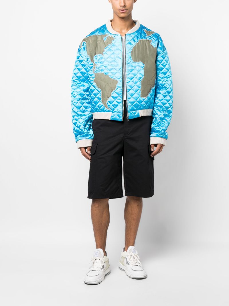 Blue Global Grid Quilted Bomber Jacket