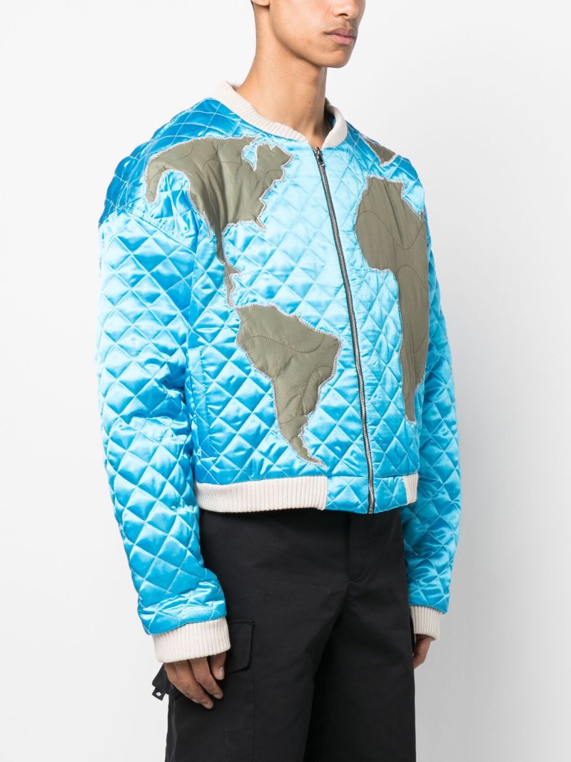 Blue Global Grid Quilted Bomber Jacket