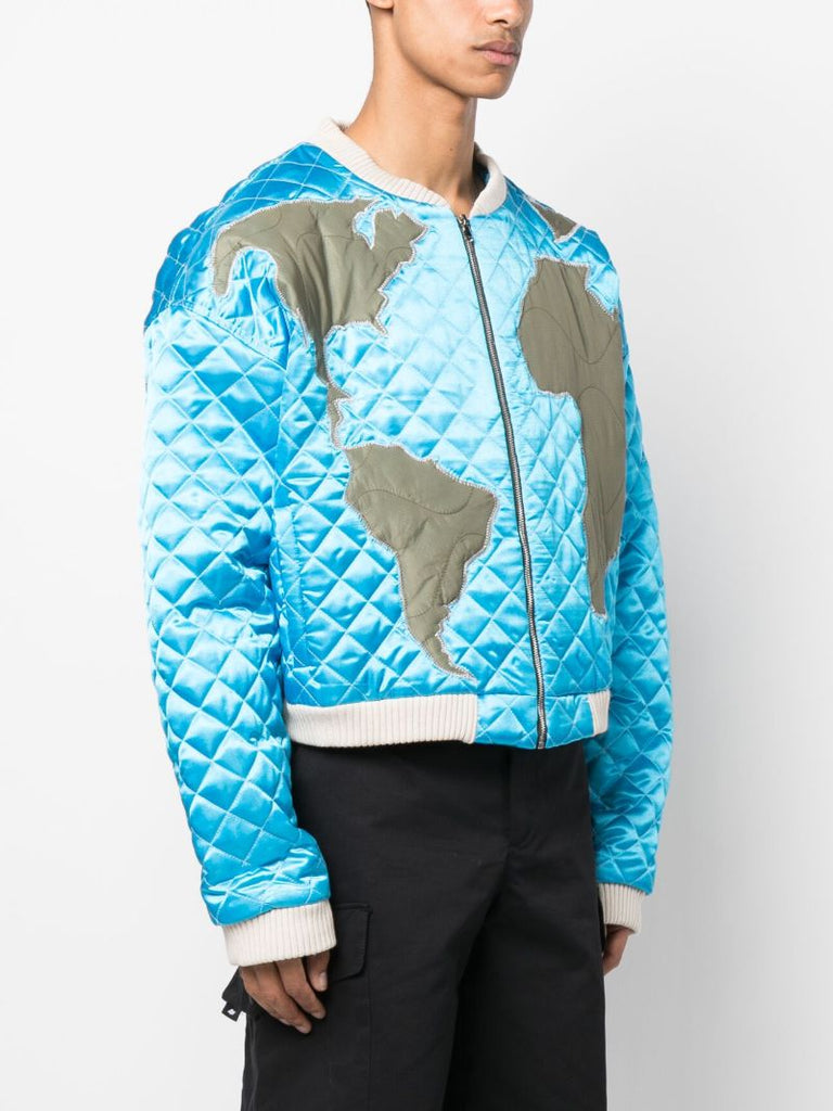 Blue Global Grid Quilted Bomber Jacket