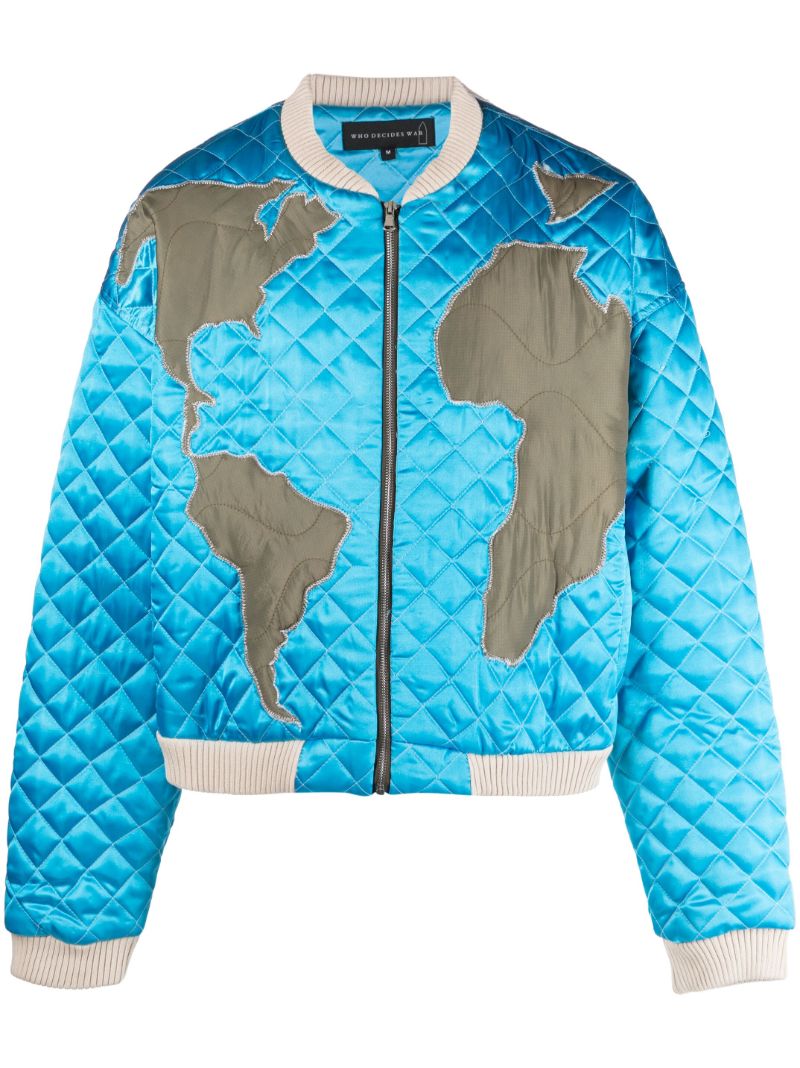 Blue Global Grid Quilted Bomber Jacket