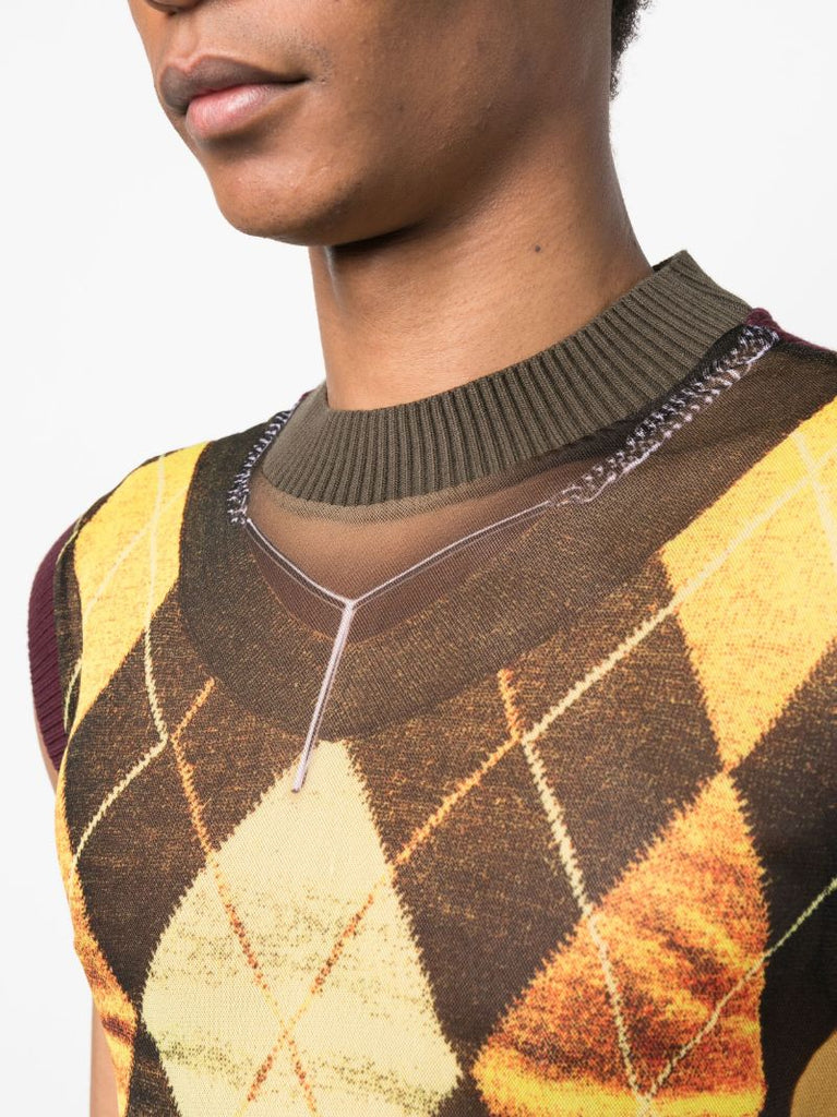 Brown Trompe L'oeil Argyle Knitted Top