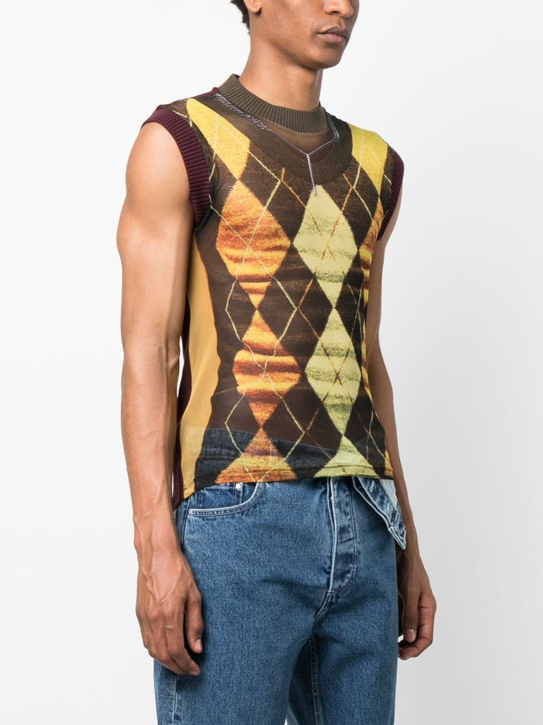 Brown Trompe L'oeil Argyle Knitted Top