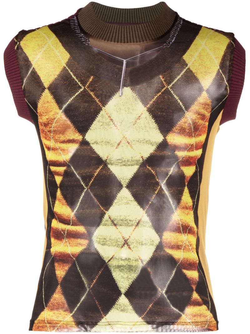 Brown Trompe L'oeil Argyle Knitted Top
