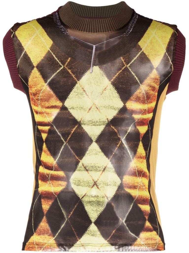 Brown Trompe L'oeil Argyle Knitted Top
