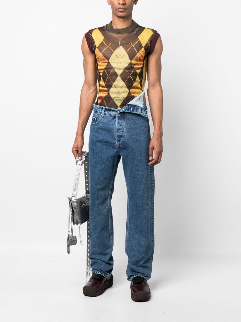 Brown Trompe L'oeil Argyle Knitted Top