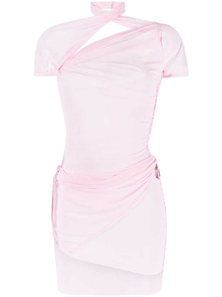 Pink Asymmetric Draped Mesh Mini Dress