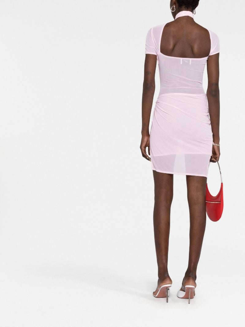 Pink Asymmetric Draped Mesh Mini Dress