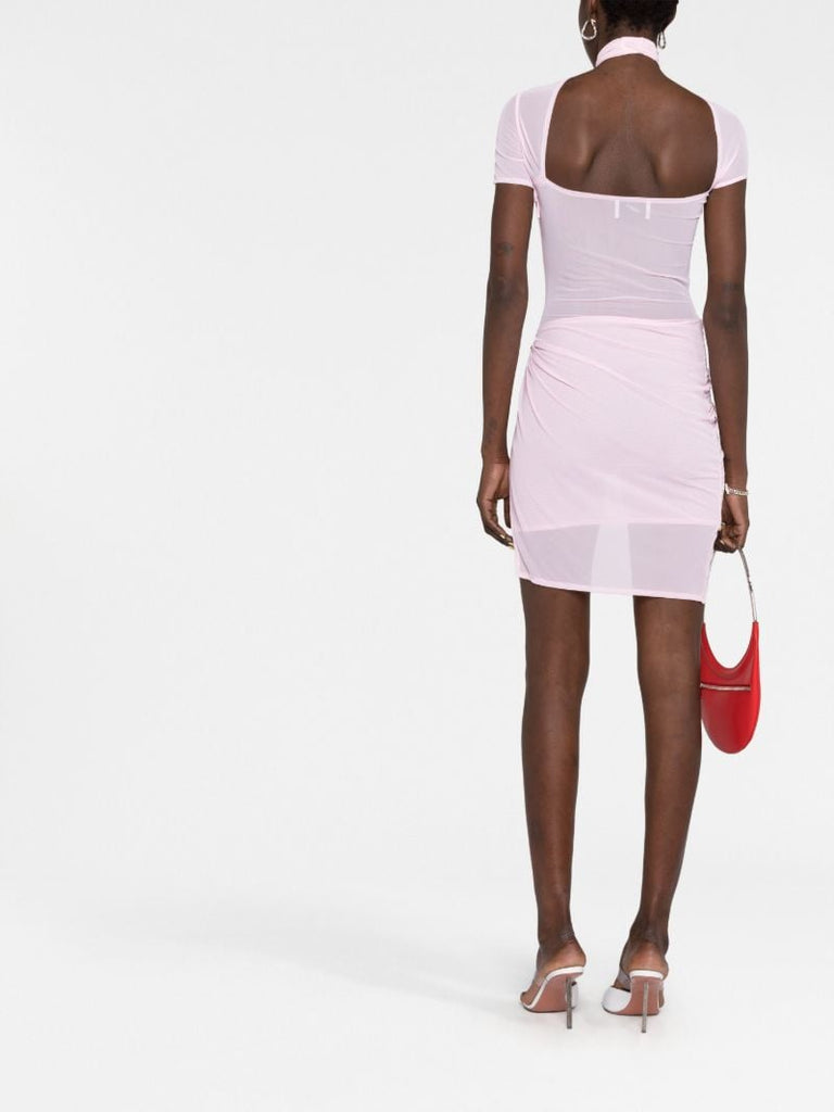 Pink Asymmetric Draped Mesh Mini Dress