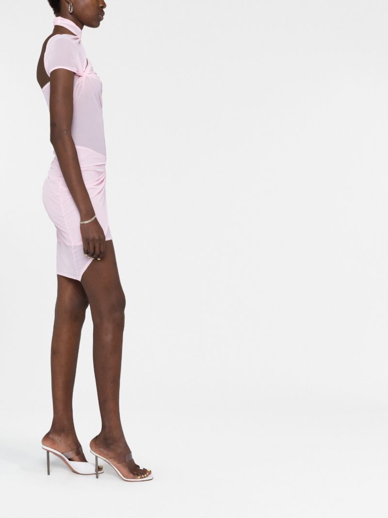 Pink Asymmetric Draped Mesh Mini Dress