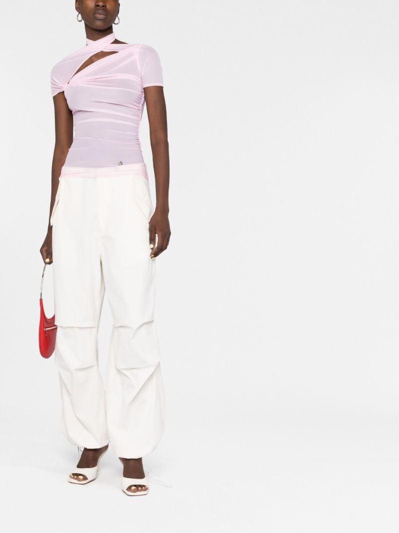 Pink Asymmetric Draped Mesh Top