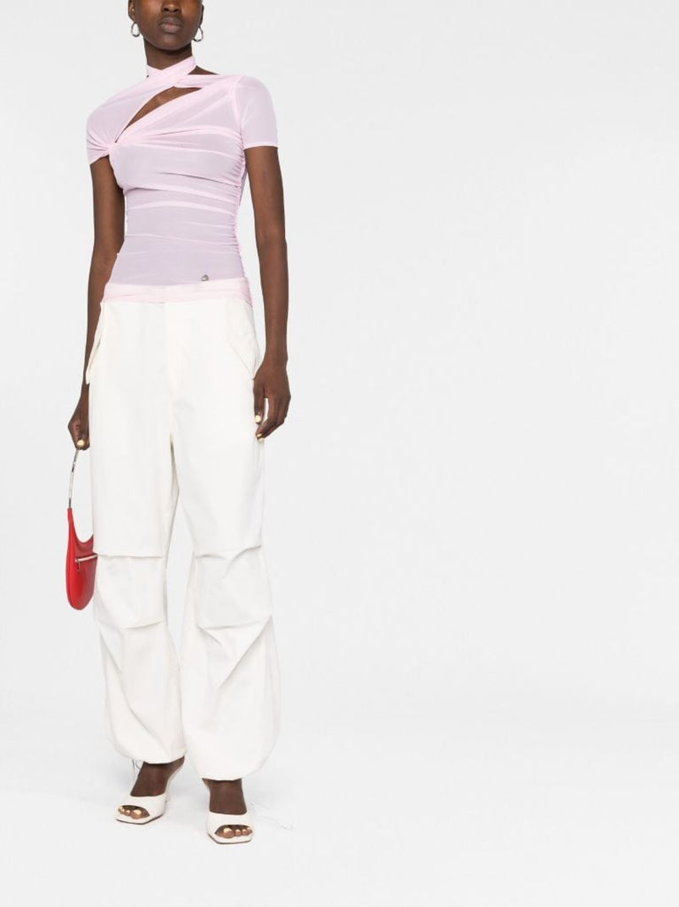 Pink Asymmetric Draped Mesh Top