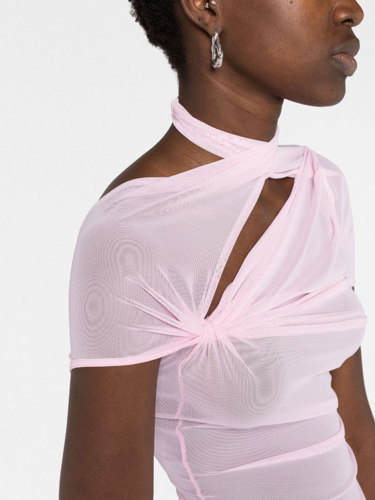Pink Asymmetric Draped Mesh Top