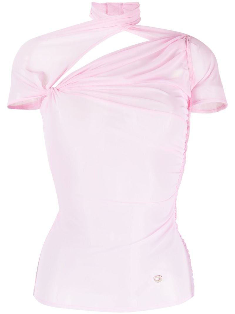 Pink Asymmetric Draped Mesh Top